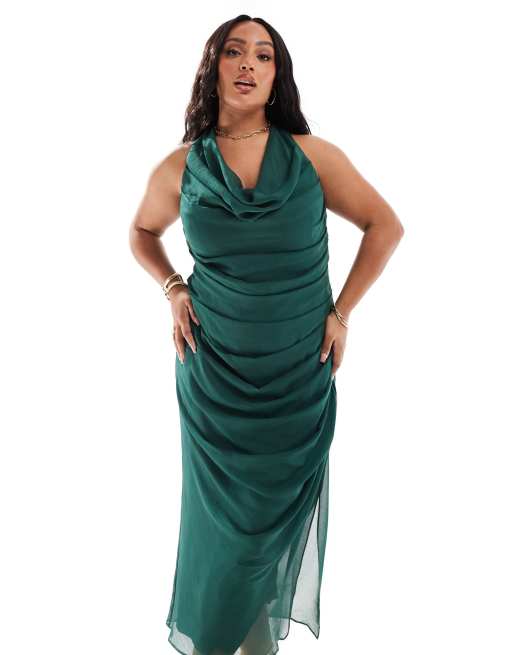 plus size emerald green dresses Plus Size Emerald Green Formal Satin One Shoulder Long Sleeve Sweep Maxi Dresses main image 1