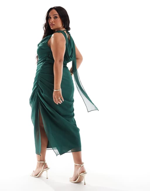 emerald green cowl dress Charmeuse Sleeveless Cowl Neck Gown With Bow