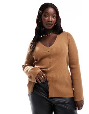 Pretty Lavish Curve - Figurbetonte Strickjacke in Ingwerbraun mit Knopfleiste-Orange