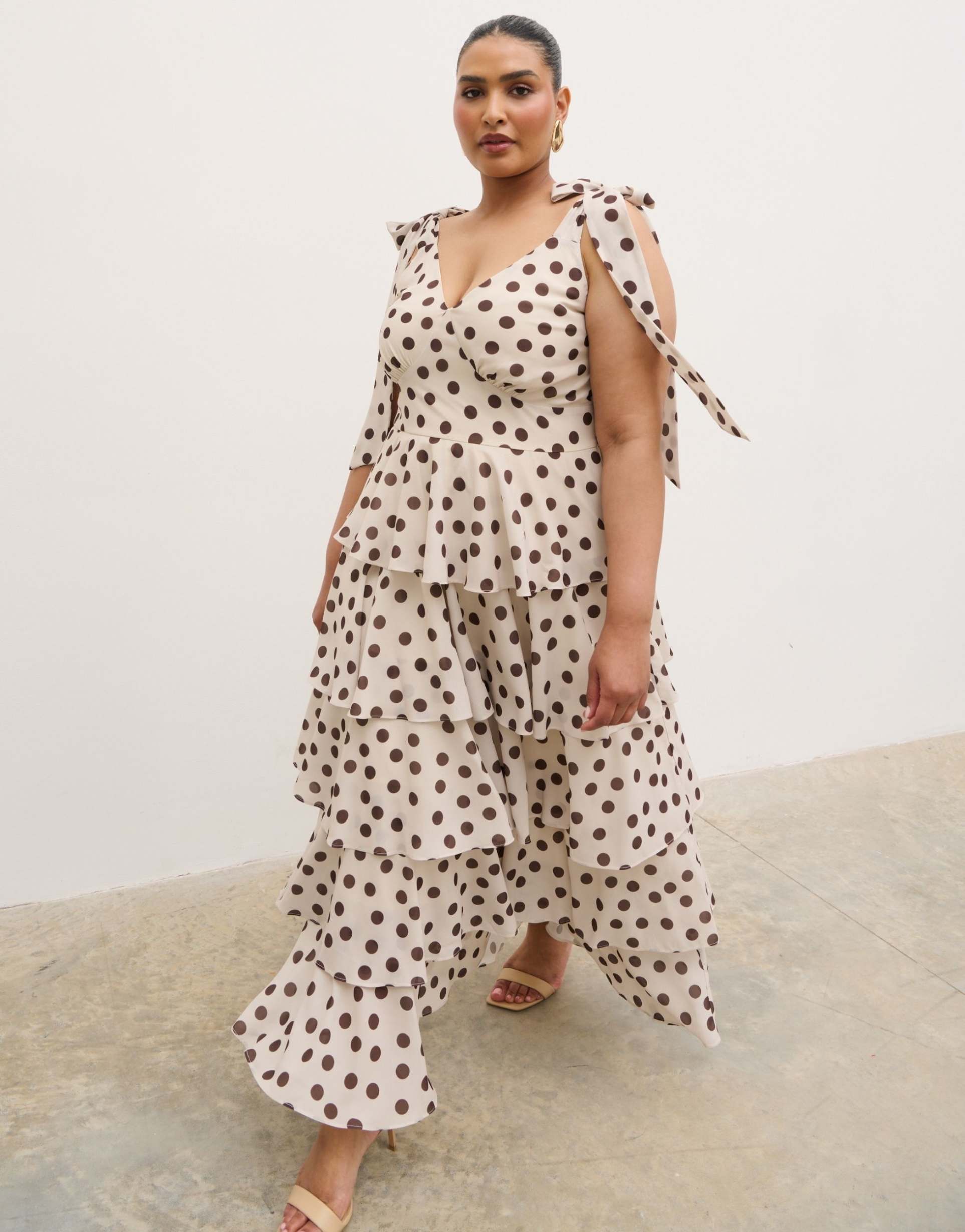 pretty lavish curve fiore tie ruffled maxi dress in oversized cream and brown polka dots