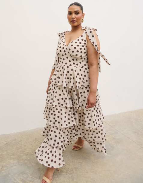 Pretty Lavish Curve Fiore tie shoulder ruffle detail maxi dress in cream polka dot  - view 1