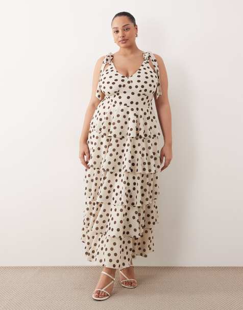 Pretty Lavish Curve - Fiore - Vestito lungo oversize color crema e marrone a pois con laccetti e volant - view 1