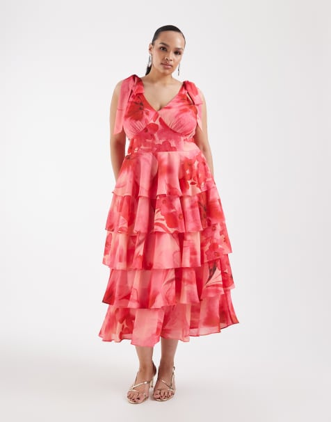 Pretty Lavish Curve Florie tie shoulder ruffle midaxi dress in red floral - view 1