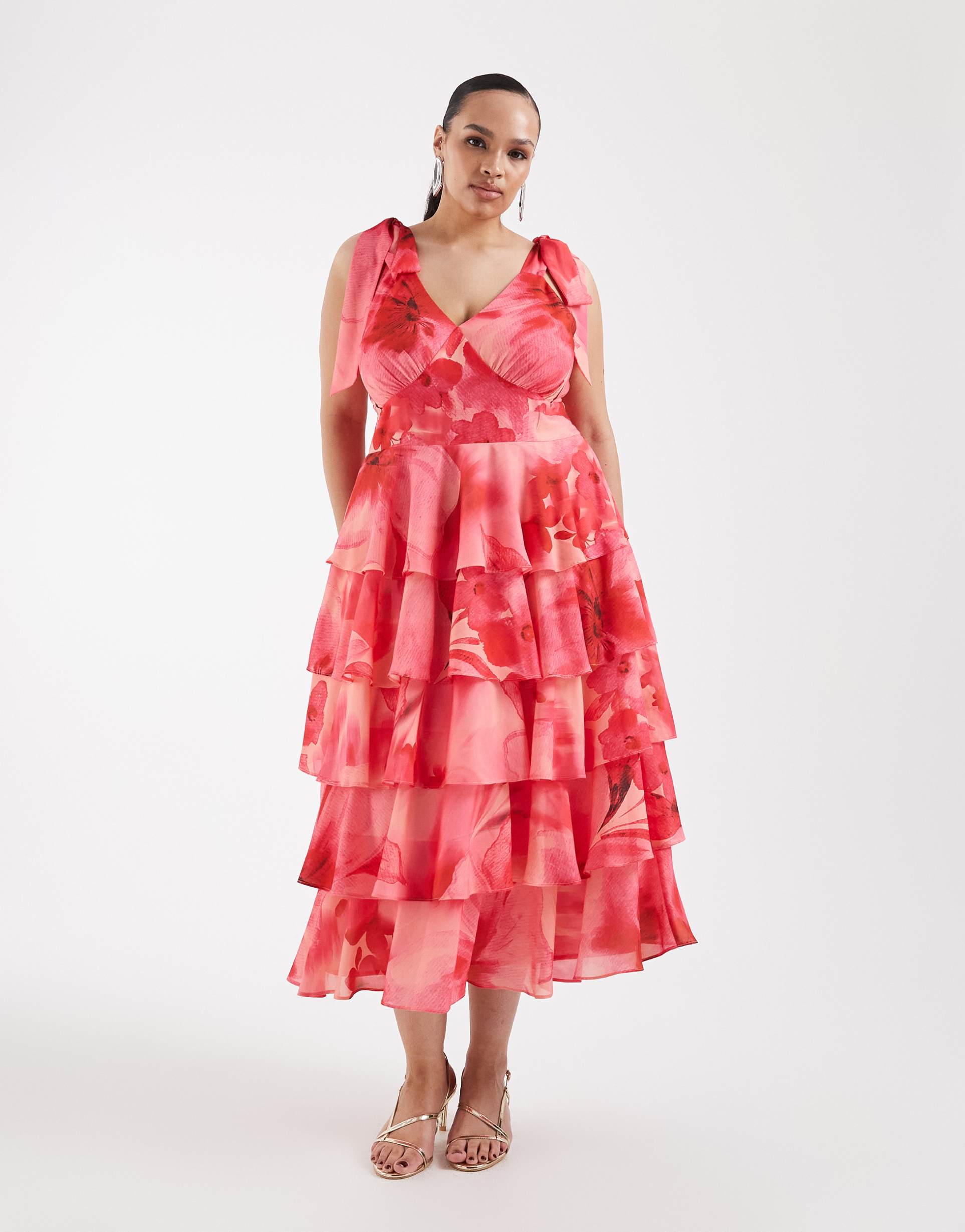 pretty lavish curve florie tie shoulder ruffle midaxi dress in red floral