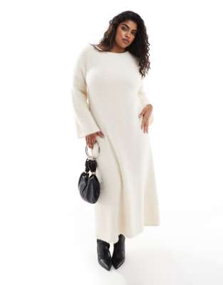 fluffy knit midaxi dress in cream-White