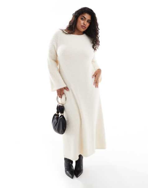 Pretty Lavish Curve fluffy knit midaxi dress in cream