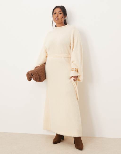 Pretty Lavish Curve fluffy knit tie waist high neck flared sleeves maxi dress in cream