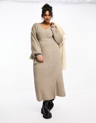 Pretty Lavish Curve fluffy wrap knitted midi dress in mushroom - ASOS Price Checker