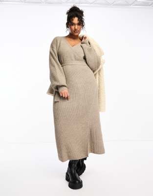 Pretty Lavish Curve fluffy wrap knitted midi dress in mushroom | ASOS