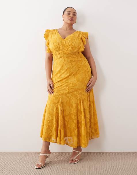 Pretty Lavish Curve frill jacquard maxi dress with deep v neck in yellow ocher - view 1