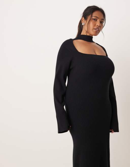 Pretty Lavish Curve - Gebreide maxi jurk met vierkante hals en choker-detail in zwart