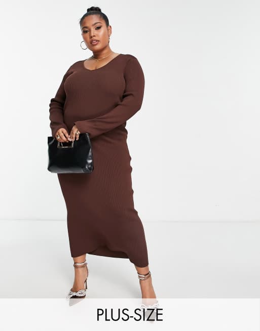 Pretty Lavish Curve - Gebreide midi jurk met lange mouwen in chocoladebruin
