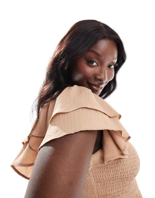Pretty Lavish Curve – Gesmoktes Maxikleid in Keksbraun mit Rüschenärmeln, 2 von 4