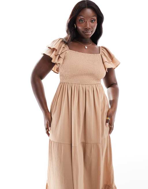 Pretty Lavish Curve – Gesmoktes Maxikleid in Keksbraun mit Rüschenärmeln, 4 von 4