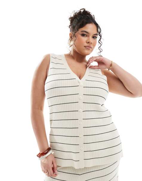 Pretty Lavish Curve - Gilet de tailleur d'ensemble en maille rayée - Crème et noir - view 1