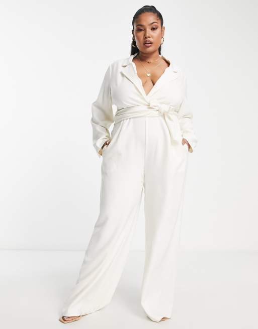 Pretty Lavish Curve – Gräddvit figursydd jumpsuit med omlottdesign i midjan, 4 av 4
