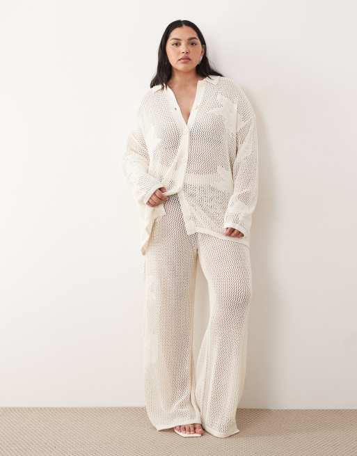 Pretty Lavish Curve – Gräddvitt, hålstickat, blommigt set med oversize-skjorta och byxor, 3 av 3