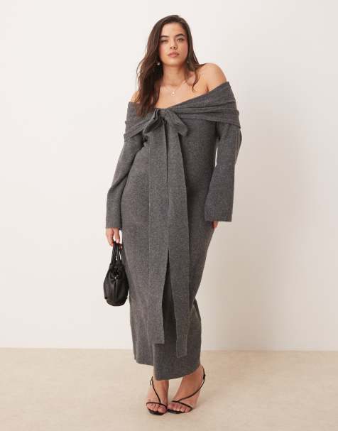 Pretty Lavish Curve bardot bow midaxi knit dress in charcoal