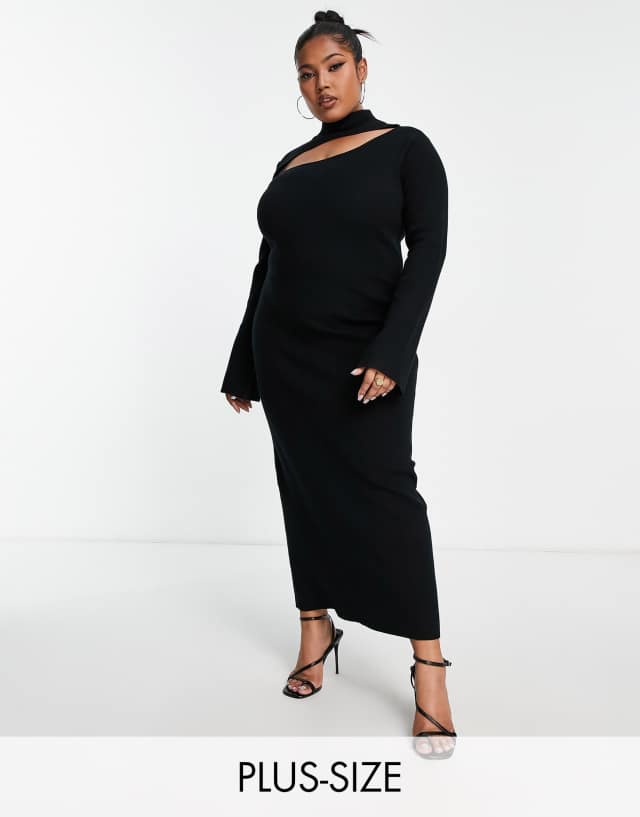 Pretty Lavish Curve high neck split knitted midaxi dress in black