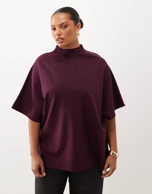 Pretty Lavish Curve high neck three quarter length sleeve top in fig, 2 of 4