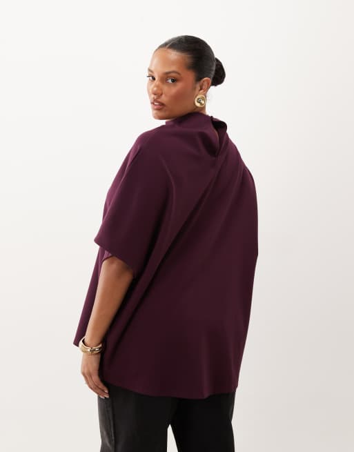 Pretty Lavish Curve high neck three quarter sleeve top in fig, 4 of 4