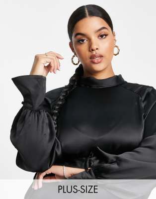 Plus-size top by Pretty Lavish Next stop: checkout High neck Volume sleeves Tie back Regular fit