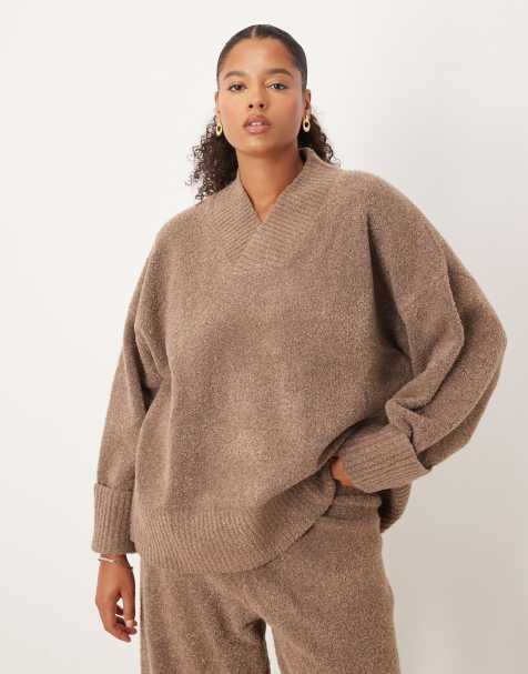 Pretty Lavish Curve high v neck textured knit cuff sleeve jumper co-ord in deep taupe