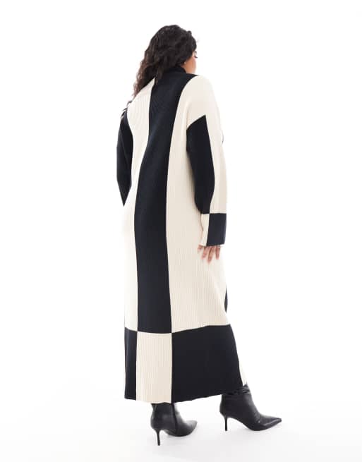 Pretty Lavish Curve - Hoogsluitende gebreide maxi jurk in zwart-wit gestreept, 2 van 4