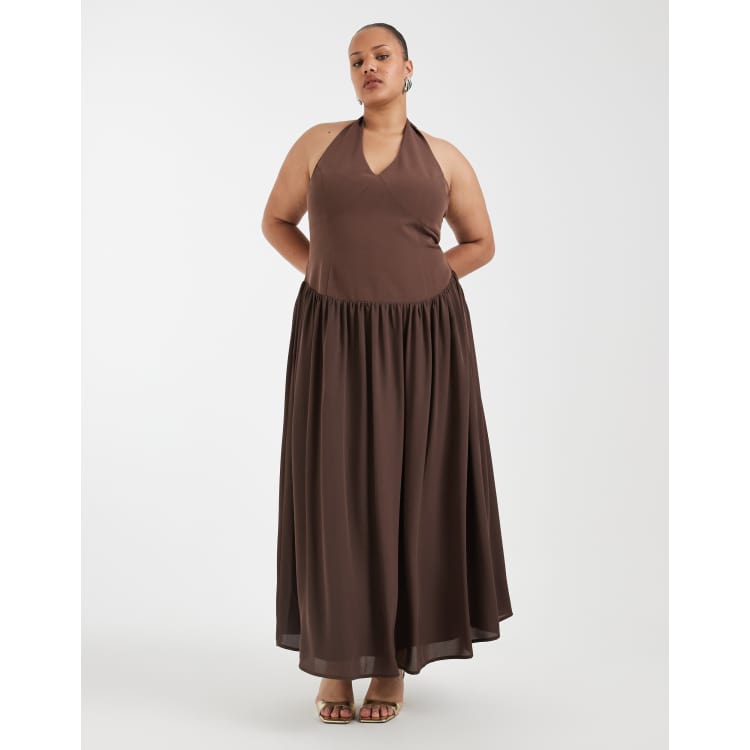 Pretty Lavish Curve Isadora dropped waist fitted halter neck maxi dress in  brown | ASOS