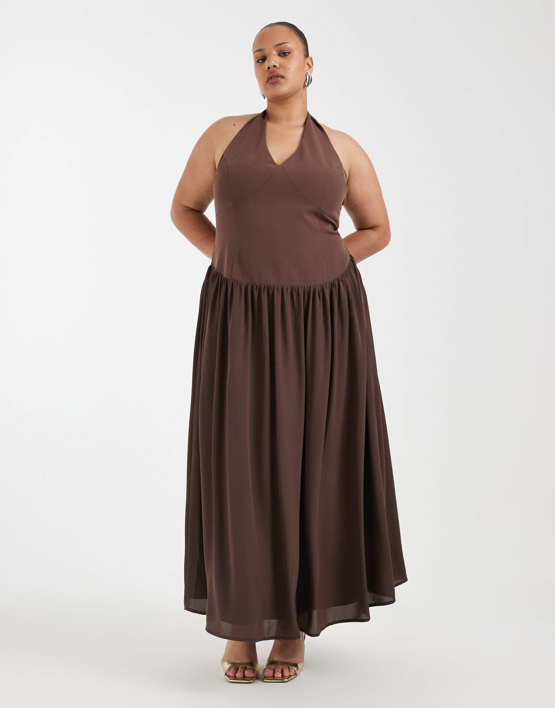 pretty lavish curve isadora dropped waist fitted halter neck maxi dress in brown