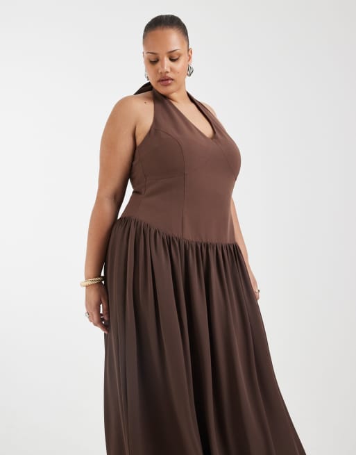 Pretty Lavish Curve - Isadora - Robe longue dos nu ajustée à taille basse - Marron, 4 de 4