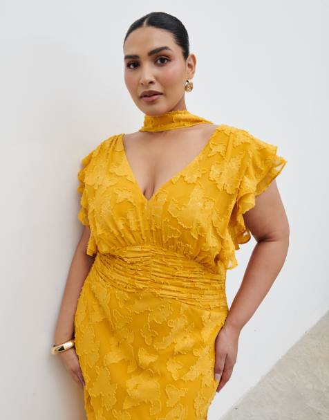 Pretty Lavish Curve jacquard deep v ruffle sleeve scarf detail maxi dress in yellow ochre - view 1