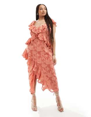 Pretty Lavish Curve jacquard floral ruffle midaxi dress in terracotta