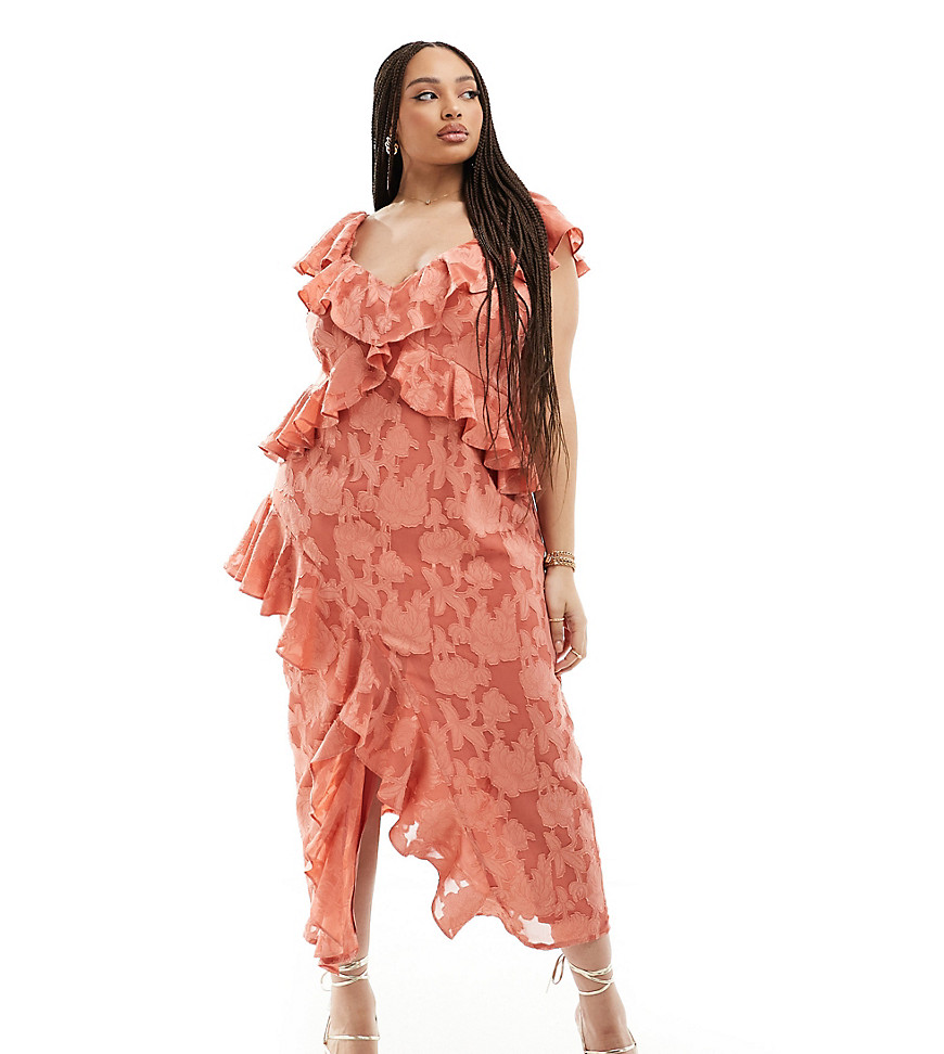 Pretty Lavish Curve Jacquard Floral Ruffle Midaxi Dress In Terracotta-orange In Pink