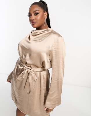 Pretty Lavish Curve Pretty Lavish Curve Jayda tie waist satin mini dress in mocha-Brown