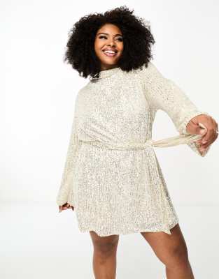 Pretty Lavish Curve Pretty Lavish Curve Jayda tie waist sequin mini dress in silver