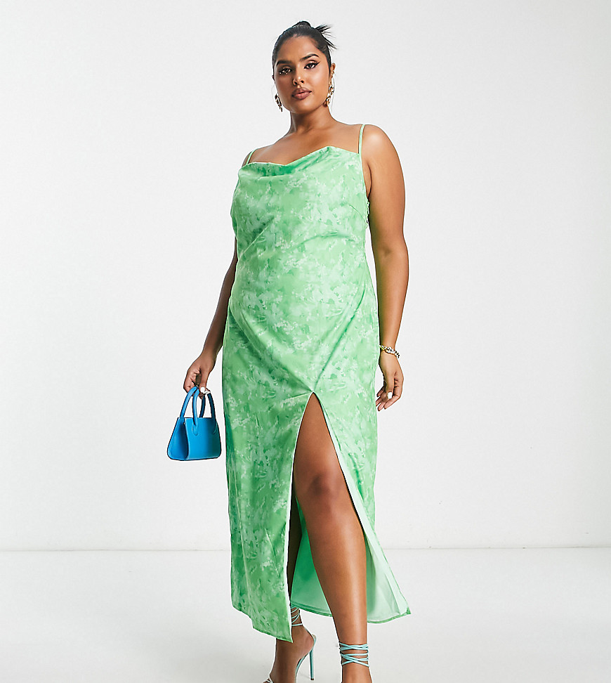 Pretty Lavish Curve Keisha Maxi Slip Dress In Green Abstract Floral Print