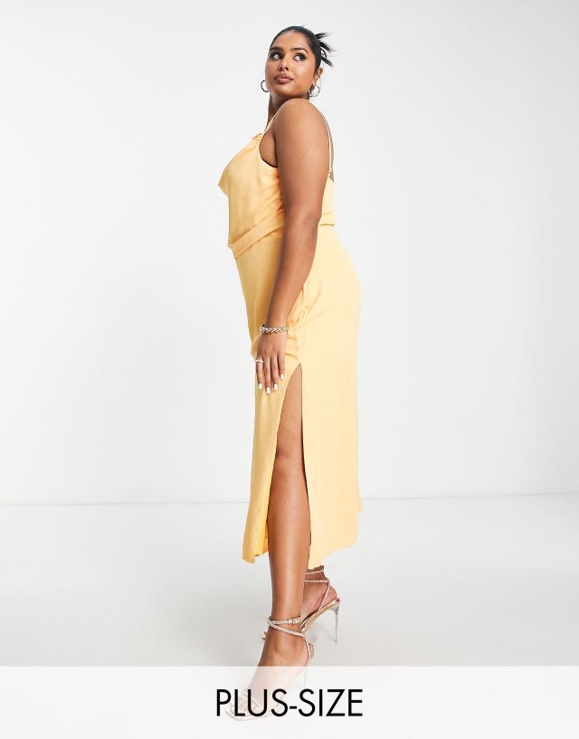 Pretty Lavish Curve Keisha ruched midaxi dress with thigh slit in matte orange