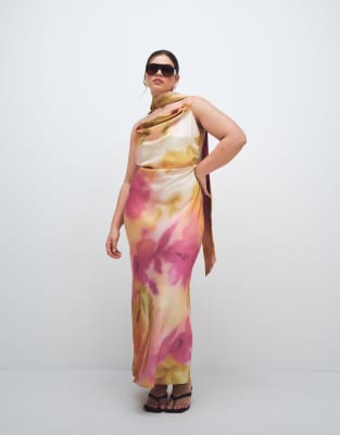 Pretty Lavish Curve Keisha Scarf Cowl Neck Satin Cami Maxi Dress In Multi