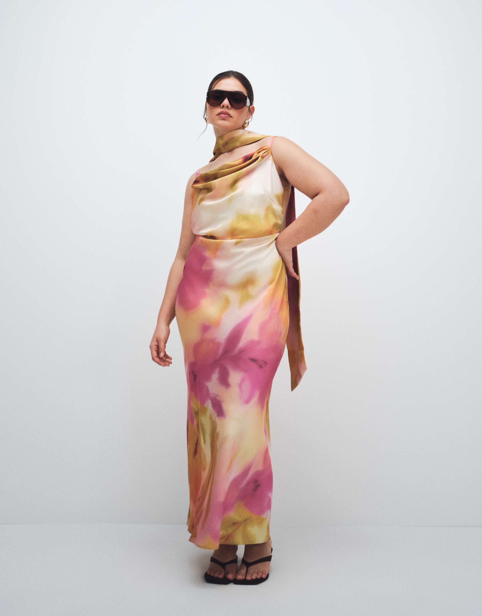 pretty lavish curve keisha scarf cowl neck satin cami maxi dress in pink watercolor floral