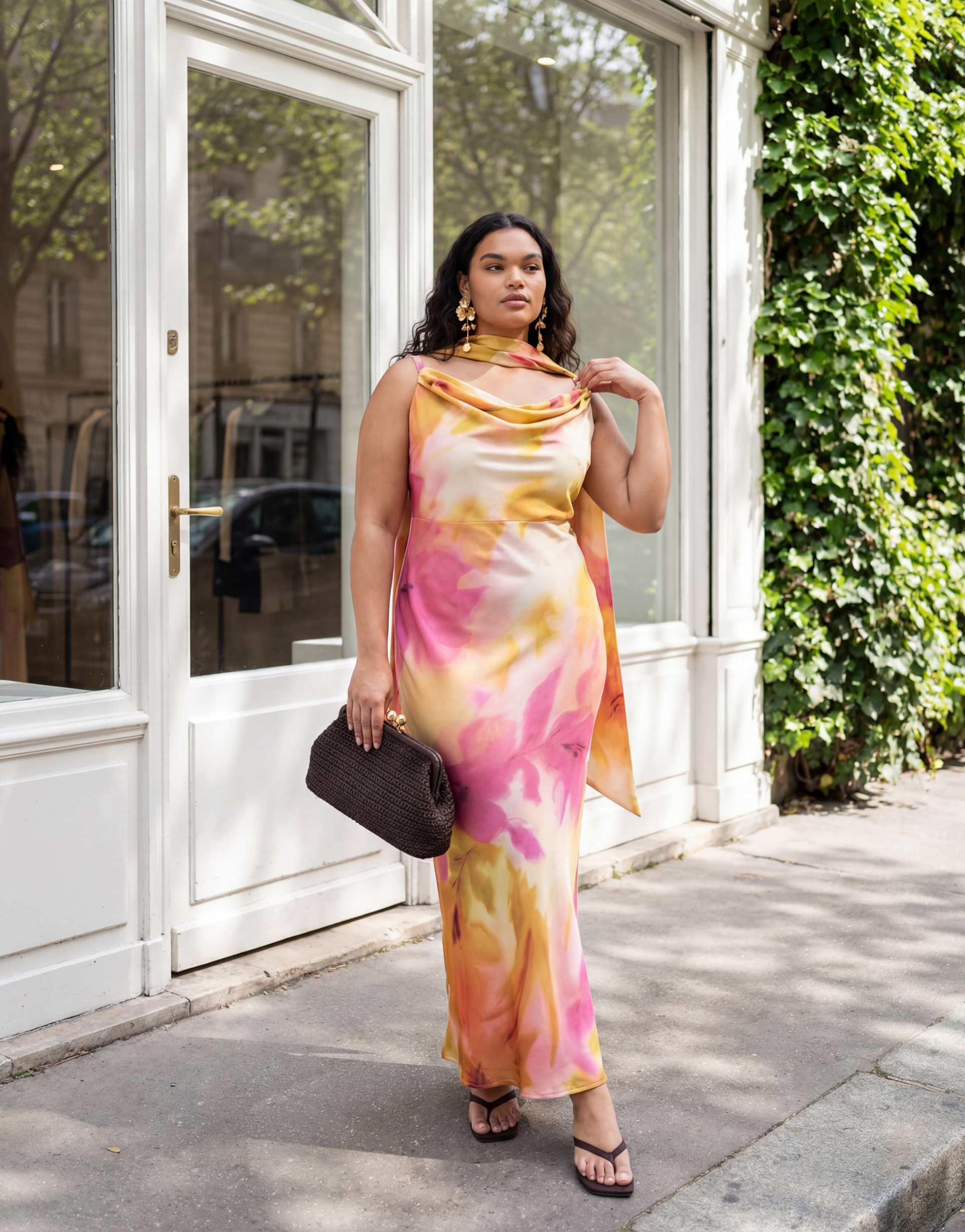 Pretty Lavish Curve keisha scarf cowl neck satin cami maxi dress in pink watercolor floral