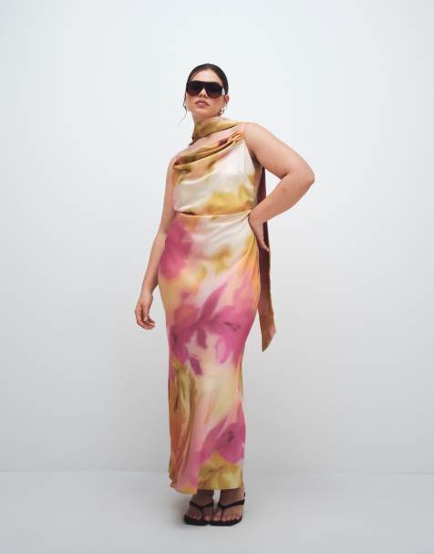 Pretty Lavish Curve keisha scarf cowl neck satin cami maxi dress in pink watercolour floral - view 1