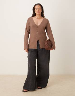 Pretty Lavish Curve Knit Cardigan In Brown
