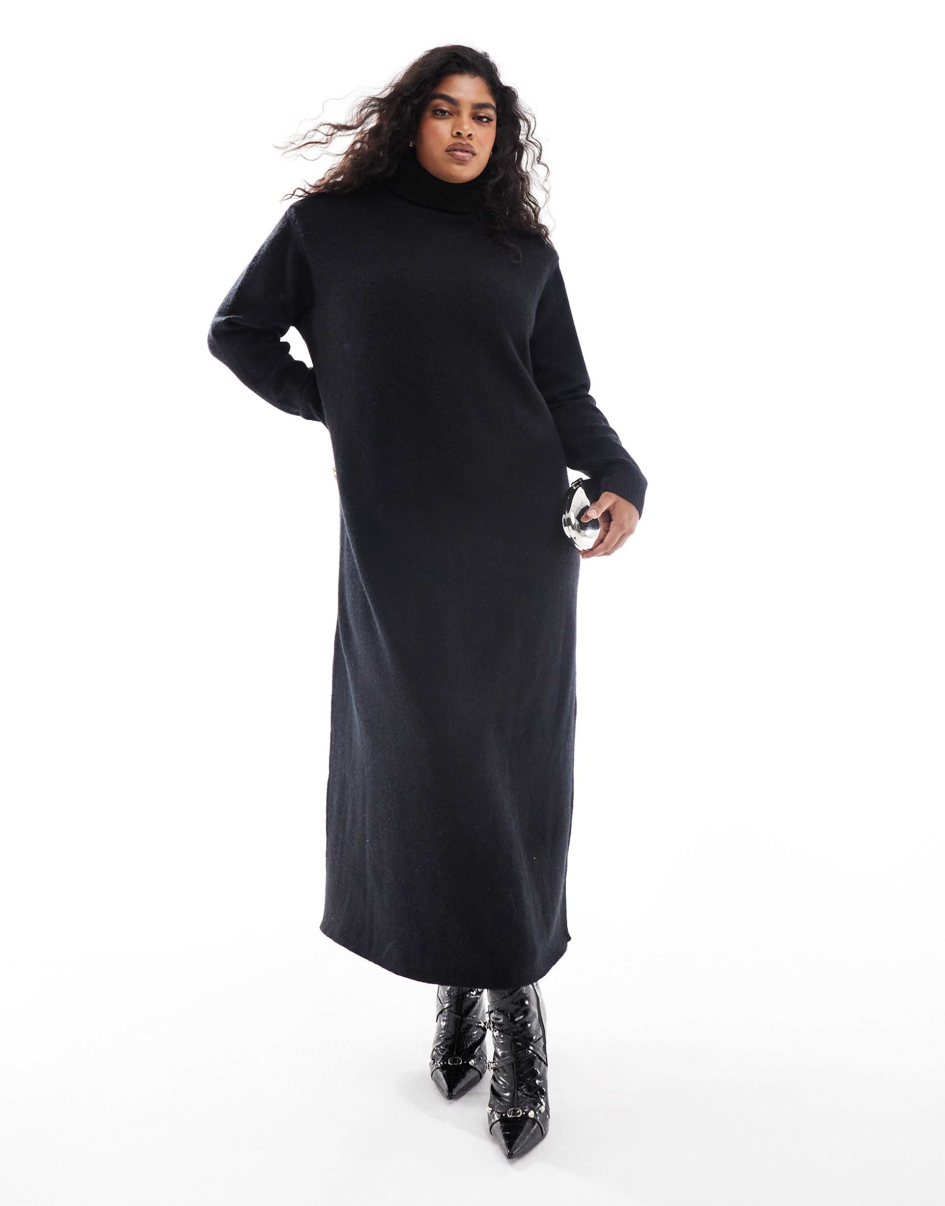 pretty lavish curve knit high neck maxi dress in black