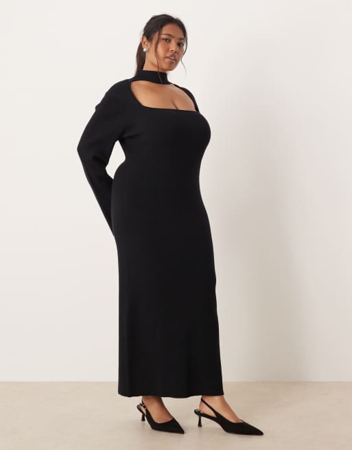 Pretty Lavish Curve knit square neck choker detail maxi dress in black