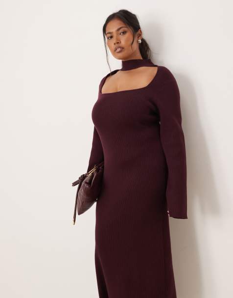 Pretty Lavish Curve knitted cutout midaxi dress in wine - view 1
