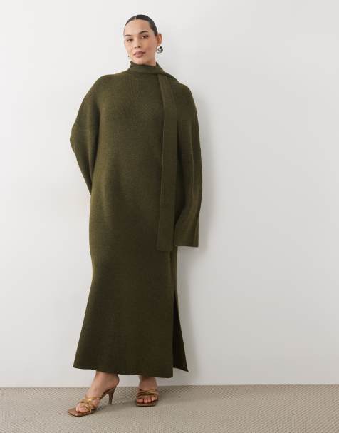 Pretty Lavish Curve knitted high neck belted midi dress in dark olive - view 1