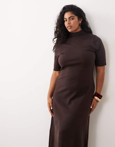 Pretty Lavish Curve knitted high neck short sleeve waisted maxi dress in chocolate - view 1
