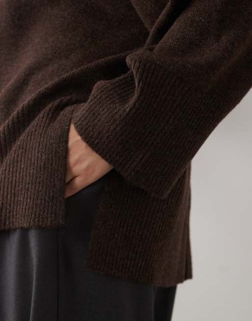 Pretty Lavish Curve knitted rib detail sweater set in chocolate, 3 of 4