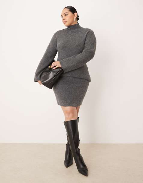 Pretty Lavish Curve knitted roll neck asymmetric hem jumper and mini skirt set in charcoal - view 1